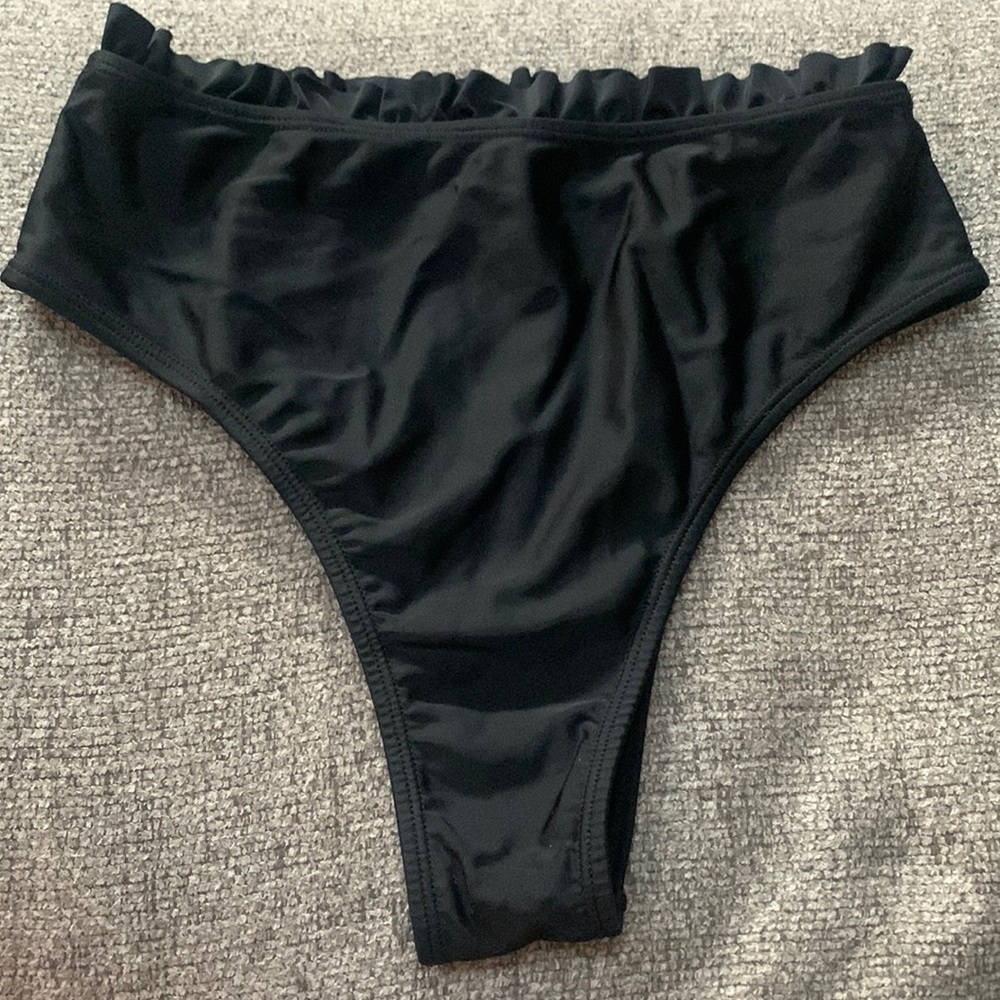Express. High waisted bikini bottom. Black. Size small with ruffles.